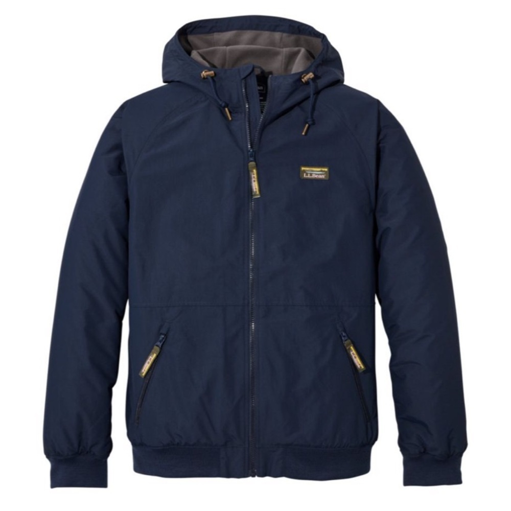 L.L.Bean Men’s Insulated 3 Season Fleece Lined Navy Blue Bomber Jacket Coat Hood